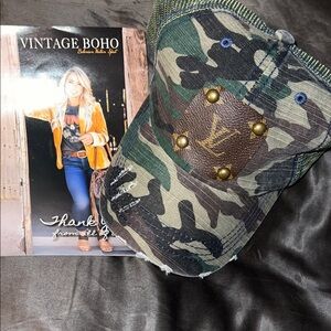 New Vintage Boho Camo Hat with Louis Vuitton Leather Logo